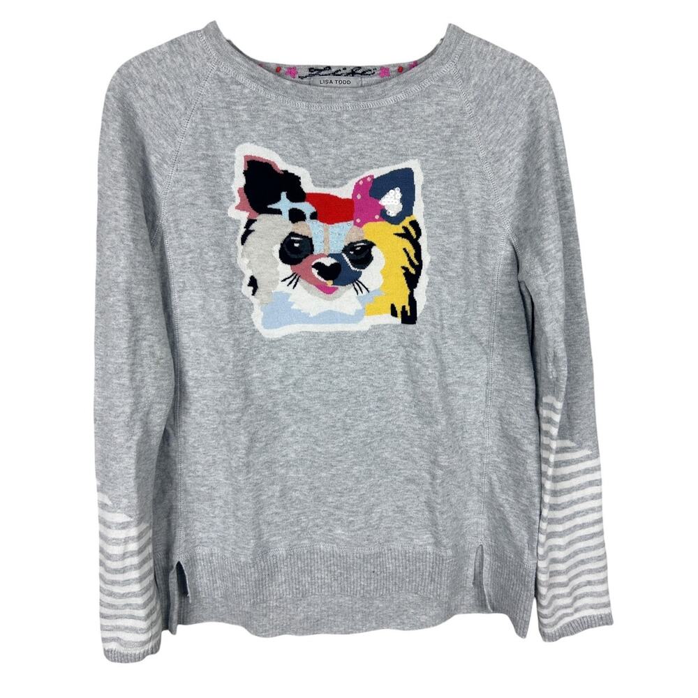 Lisa Todd Embroidered Cashmere Blend Grey Dog Long Sleeve Crew Neck Sweater S